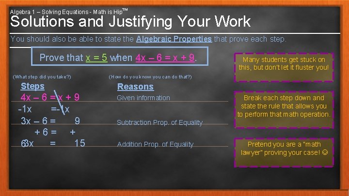 Algebra 1 – Solving Equations - Math is Hip™ Solutions and Justifying Your Work