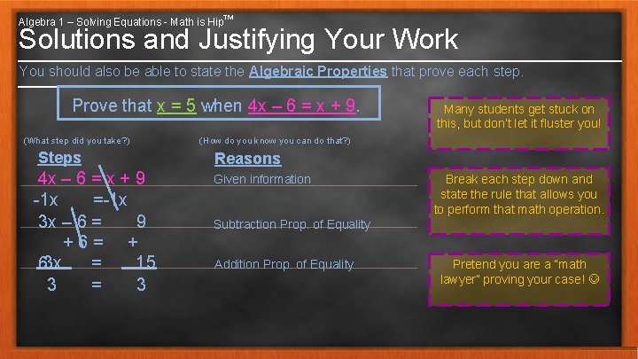 Algebra 1 – Solving Equations - Math is Hip™ Solutions and Justifying Your Work