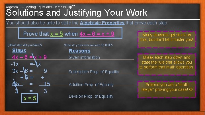 Algebra 1 – Solving Equations - Math is Hip™ Solutions and Justifying Your Work