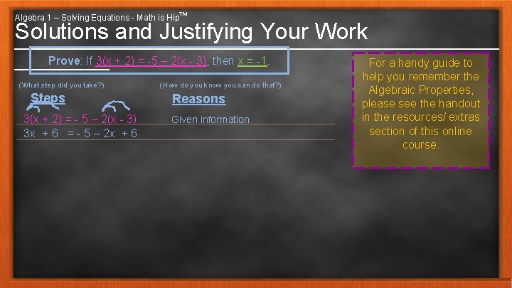 Algebra 1 – Solving Equations - Math is Hip™ Solutions and Justifying Your Work