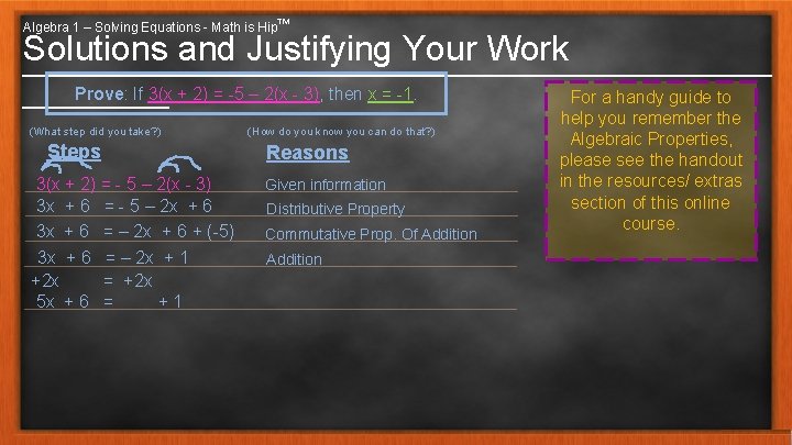 Algebra 1 – Solving Equations - Math is Hip™ Solutions and Justifying Your Work