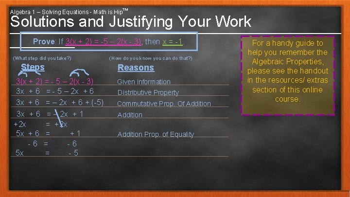 Algebra 1 – Solving Equations - Math is Hip™ Solutions and Justifying Your Work