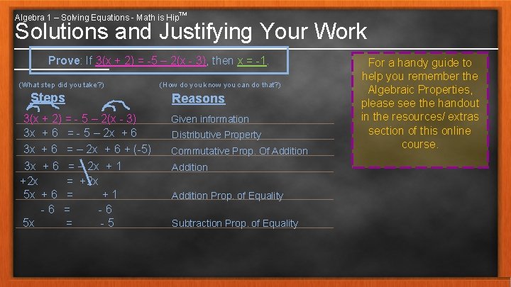 Algebra 1 – Solving Equations - Math is Hip™ Solutions and Justifying Your Work