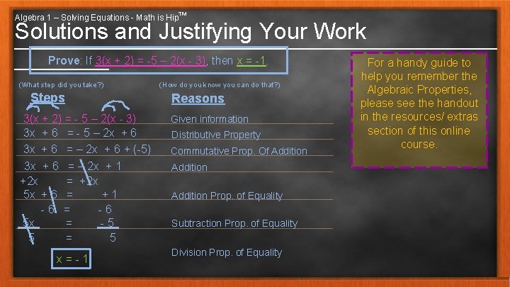 Algebra 1 – Solving Equations - Math is Hip™ Solutions and Justifying Your Work