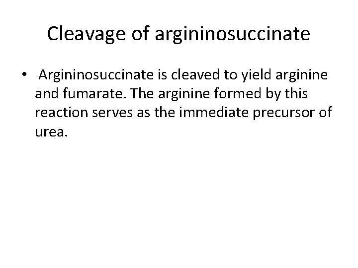 Cleavage of argininosuccinate • Argininosuccinate is cleaved to yield arginine and fumarate. The arginine