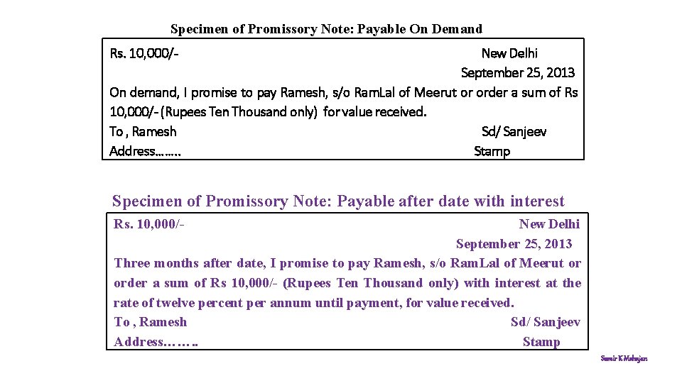 Specimen of Promissory Note: Payable On Demand Rs. 10, 000/- New Delhi September 25,