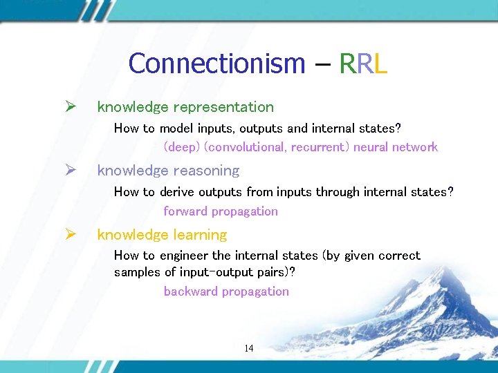 Connectionism – RRL Ø knowledge representation How to model inputs, outputs and internal states?
