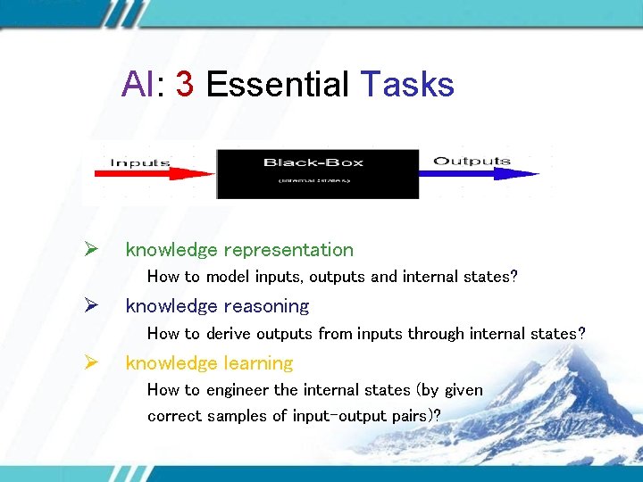 AI: 3 Essential Tasks Ø knowledge representation How to model inputs, outputs and internal