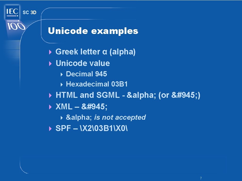 SC 3 D Unicode examples 4 Greek letter α (alpha) 4 Unicode value 4