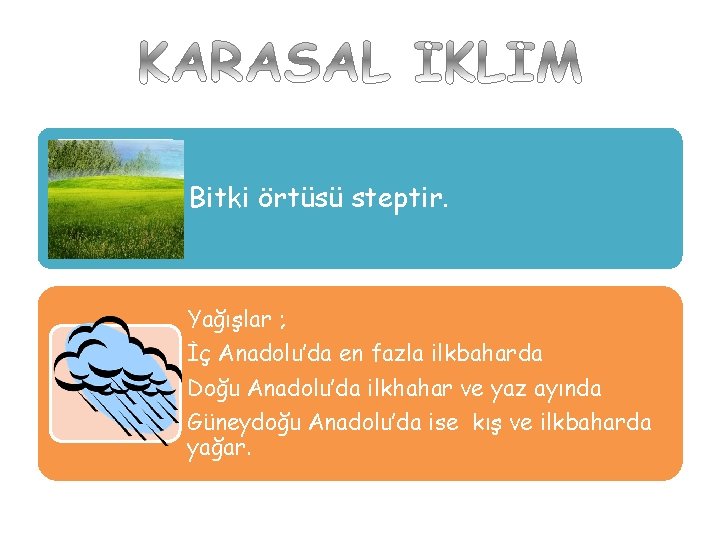 Bitki örtüsü steptir. Yağışlar ; İç Anadolu’da en fazla ilkbaharda Doğu Anadolu’da ilkhahar ve