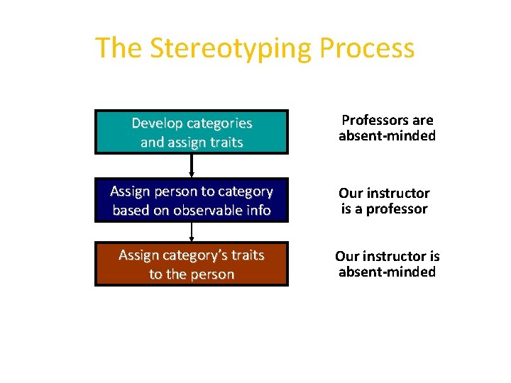 The Stereotyping Process Develop categories and assign traits Professors are absent-minded Assign person to