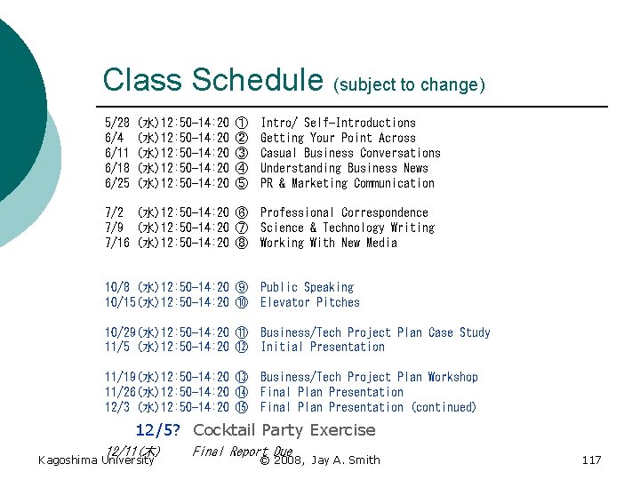 Class Schedule (subject to change) 5/28 6/4 6/11 6/18 6/25 (水)12: 50 -14: 20