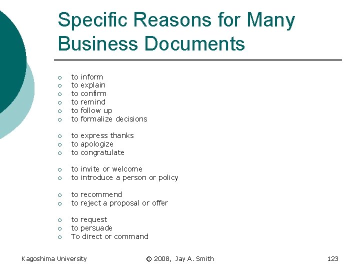 Specific Reasons for Many Business Documents ¡ ¡ ¡ ¡ to to to inform