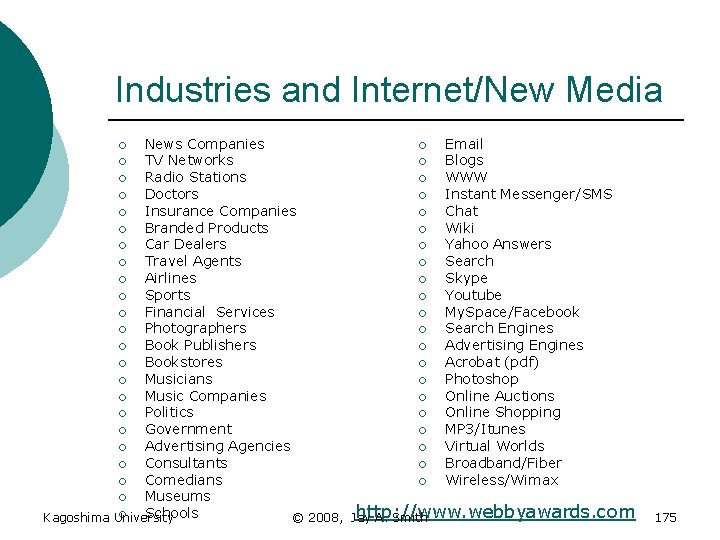 Industries and Internet/New Media News Companies ¡ Email ¡ TV Networks ¡ Blogs ¡