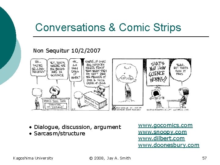 Conversations & Comic Strips Non Sequitur 10/2/2007 • Dialogue, discussion, argument • Sarcasm/structure Kagoshima