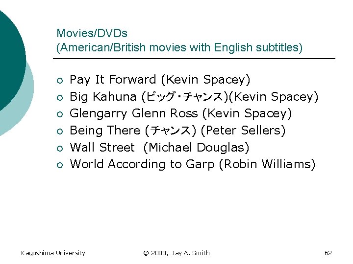 Movies/DVDs (American/British movies with English subtitles) ¡ ¡ ¡ Pay It Forward (Kevin Spacey)