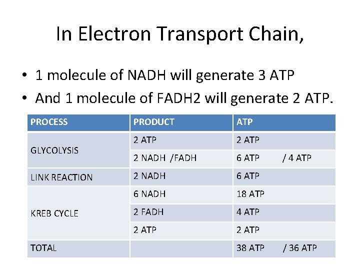 In Electron Transport Chain, • 1 molecule of NADH will generate 3 ATP •