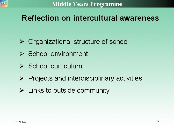 Middle Years Programme Reflection on intercultural awareness Organizational structure of school School environment School