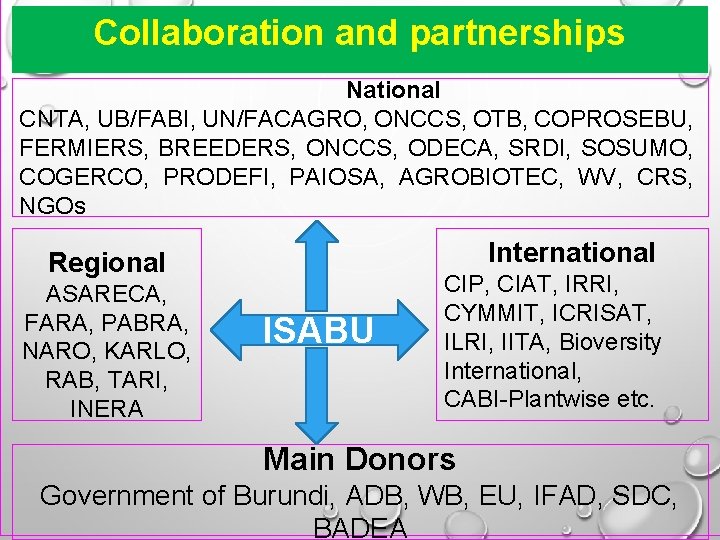 . Collaboration and partnerships National CNTA, UB/FABI, UN/FACAGRO, ONCCS, OTB, COPROSEBU, FERMIERS, BREEDERS, ONCCS,