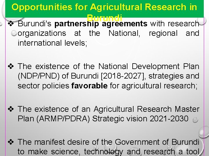 Opportunities for Agricultural Research in Burundi v Burundi's partnership agreements with research organizations at