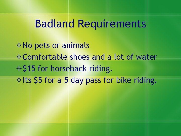 Badland Requirements No pets or animals Comfortable shoes and a lot of water $15