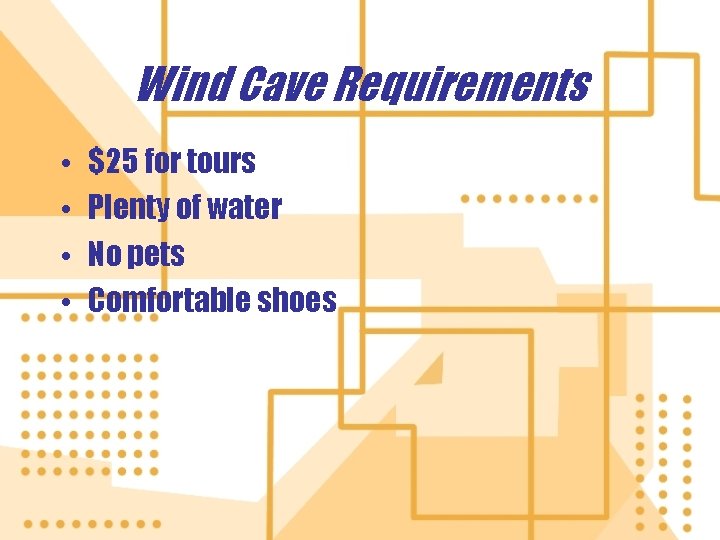 Wind Cave Requirements • • $25 for tours Plenty of water No pets Comfortable