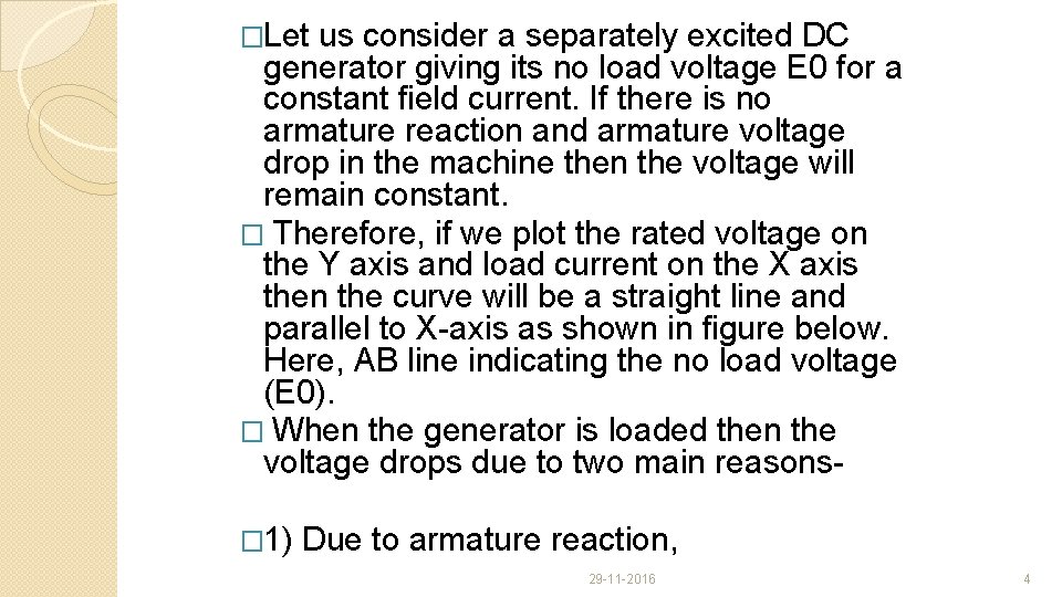 �Let us consider a separately excited DC generator giving its no load voltage E