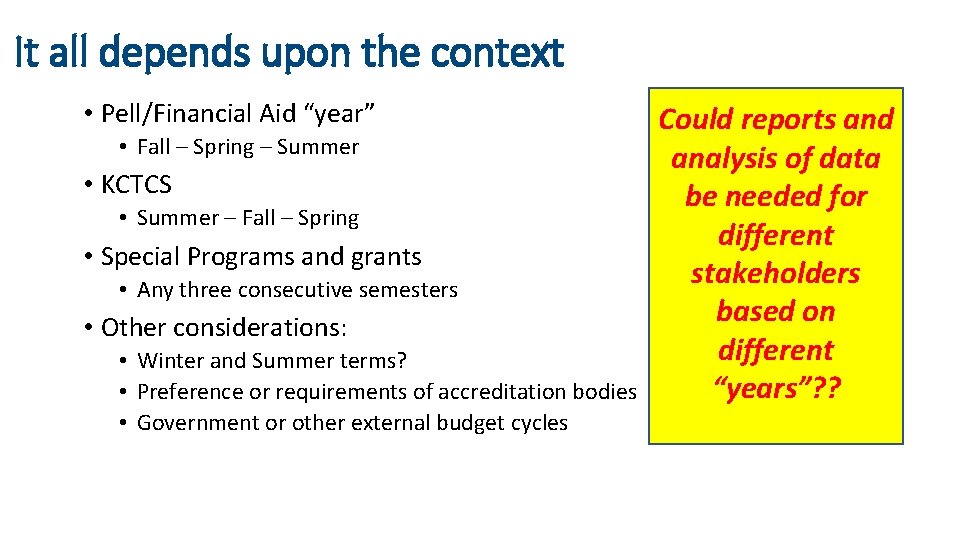 It all depends upon the context • Pell/Financial Aid “year” • Fall – Spring