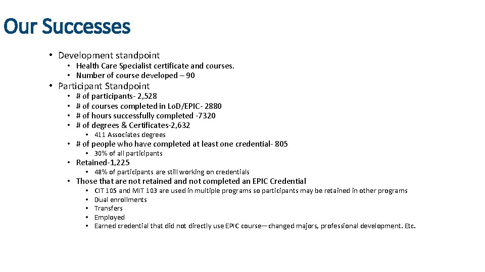 Our Successes • Development standpoint • Health Care Specialist certificate and courses. • Number