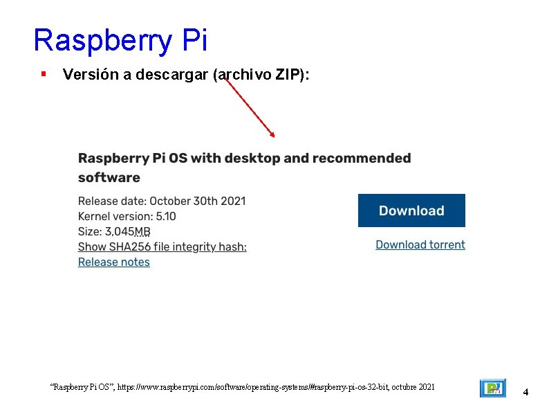 Raspberry Pi Versión a descargar (archivo ZIP): “Raspberry Pi OS”, https: //www. raspberrypi. com/software/operating-systems/#raspberry-pi-os-32