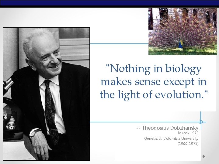 "Nothing in biology makes sense except in the light of evolution. " -- Theodosius "Nothing in biology makes sense except in the light of evolution. " -- Theodosius