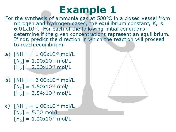 Example 1 For the synthesis of ammonia gas at 500°C in a closed vessel