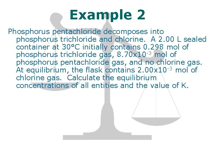 Example 2 Phosphorus pentachloride decomposes into phosphorus trichloride and chlorine. A 2. 00 L