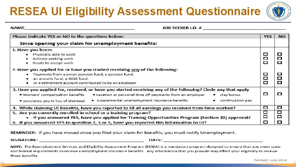 RESEA UI Eligibility Assessment Questionnaire 