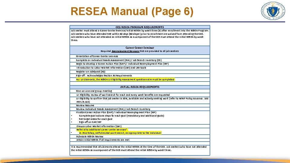 RESEA Manual (Page 6) CCS/RESEA PROGRAM REQUIREMENTS Job seeker must attend a Career Center