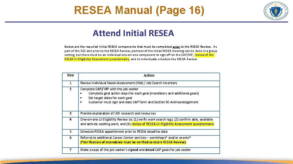 RESEA Manual (Page 16) Attend Initial RESEA Below are the required Initial RESEA components