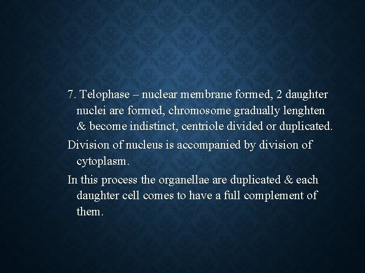 7. Telophase – nuclear membrane formed, 2 daughter nuclei are formed, chromosome gradually lenghten