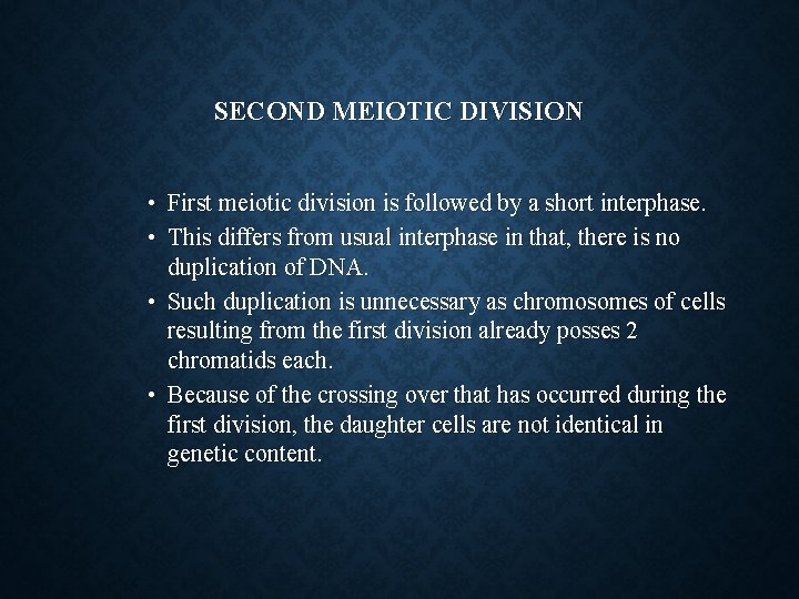 SECOND MEIOTIC DIVISION • First meiotic division is followed by a short interphase. •