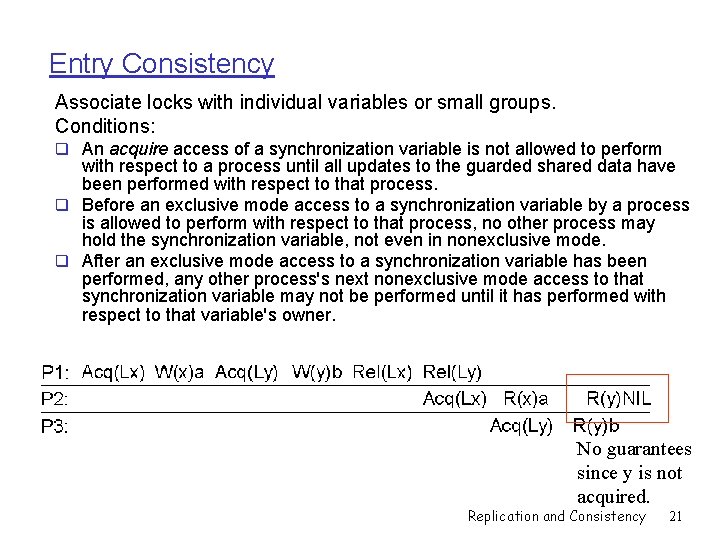 Entry Consistency Associate locks with individual variables or small groups. Conditions: q An acquire