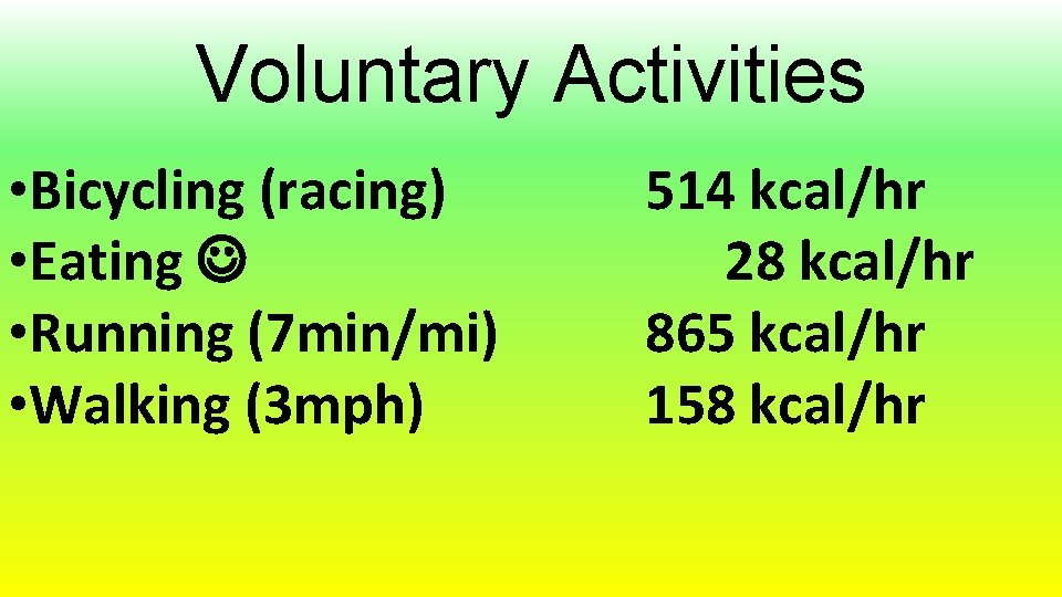 Voluntary Activities • Bicycling (racing) • Eating • Running (7 min/mi) • Walking (3