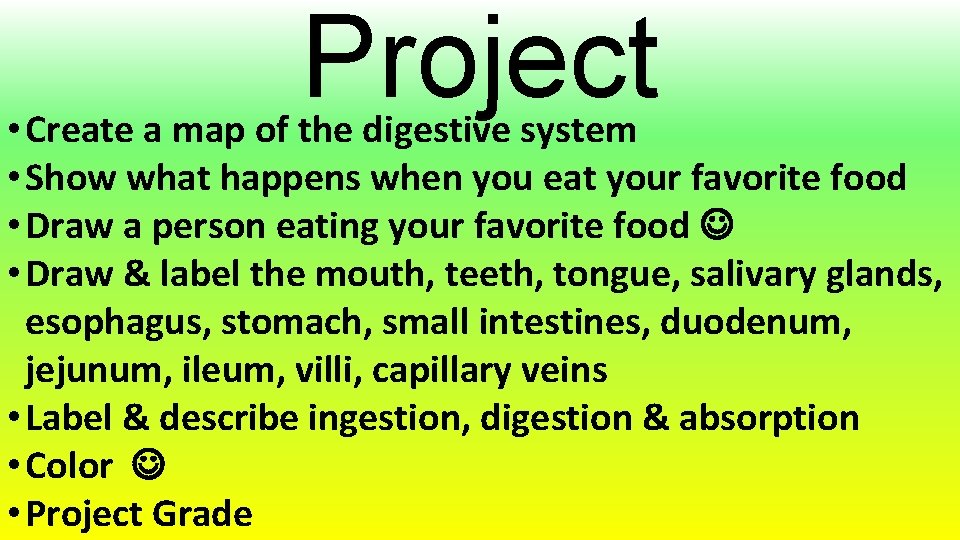Project • Create a map of the digestive system • Show what happens when