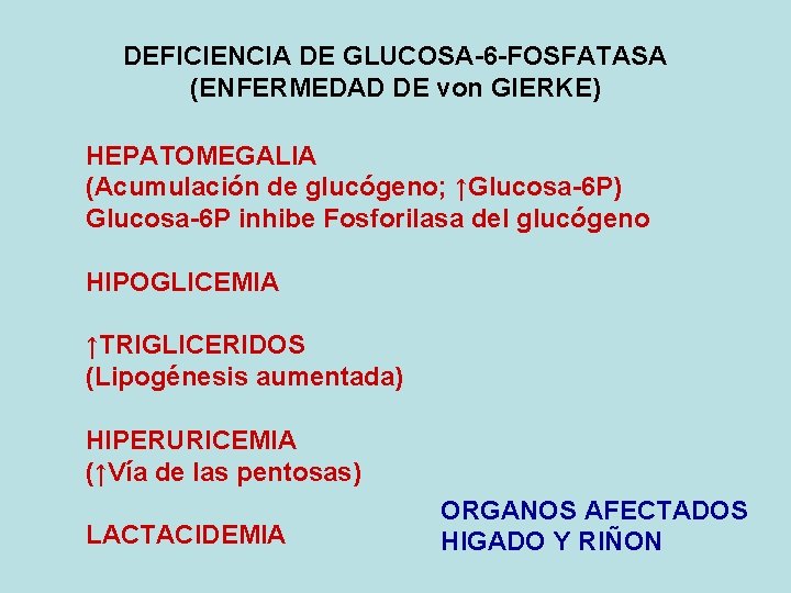DEFICIENCIA DE GLUCOSA-6 -FOSFATASA (ENFERMEDAD DE von GIERKE) HEPATOMEGALIA (Acumulación de glucógeno; ↑Glucosa-6 P)