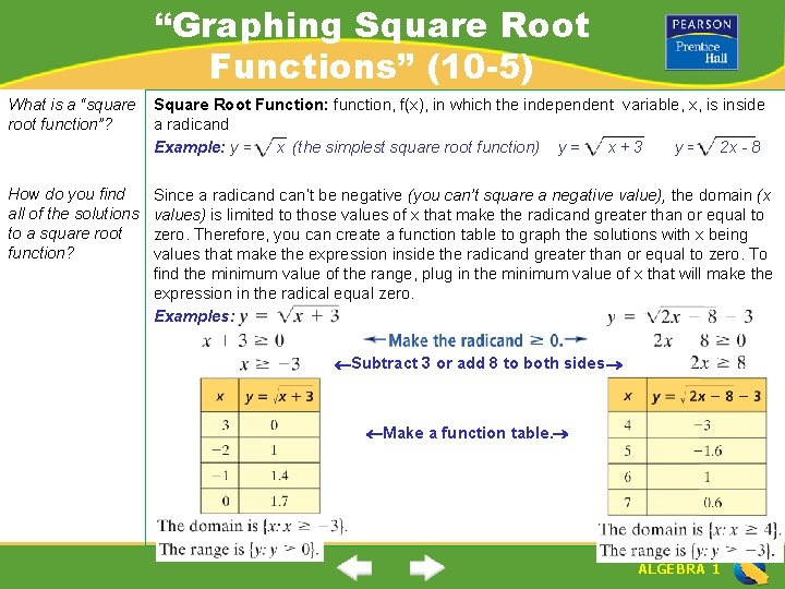 “Graphing Square Root Functions” (10 -5) What is a “square root function”? Square Root