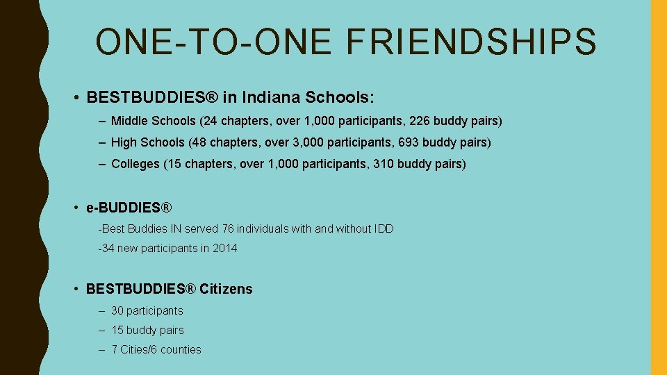 ONE-TO-ONE FRIENDSHIPS • BESTBUDDIES® in Indiana Schools: – Middle Schools (24 chapters, over 1,