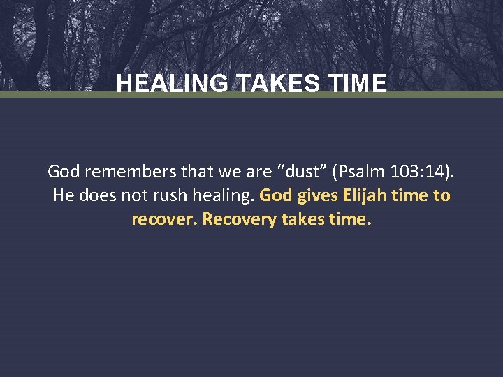 HEALING TAKES TIME God remembers that we are “dust” (Psalm 103: 14). He does