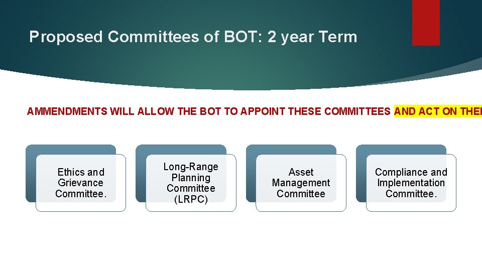Proposed Committees of BOT: 2 year Term AMMENDMENTS WILL ALLOW THE BOT TO APPOINT