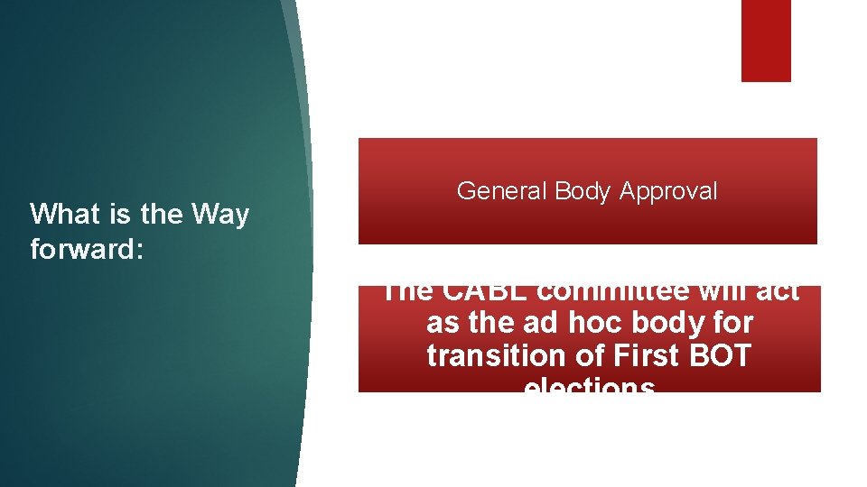 What is the Way forward: General Body Approval The CABL committee will act as