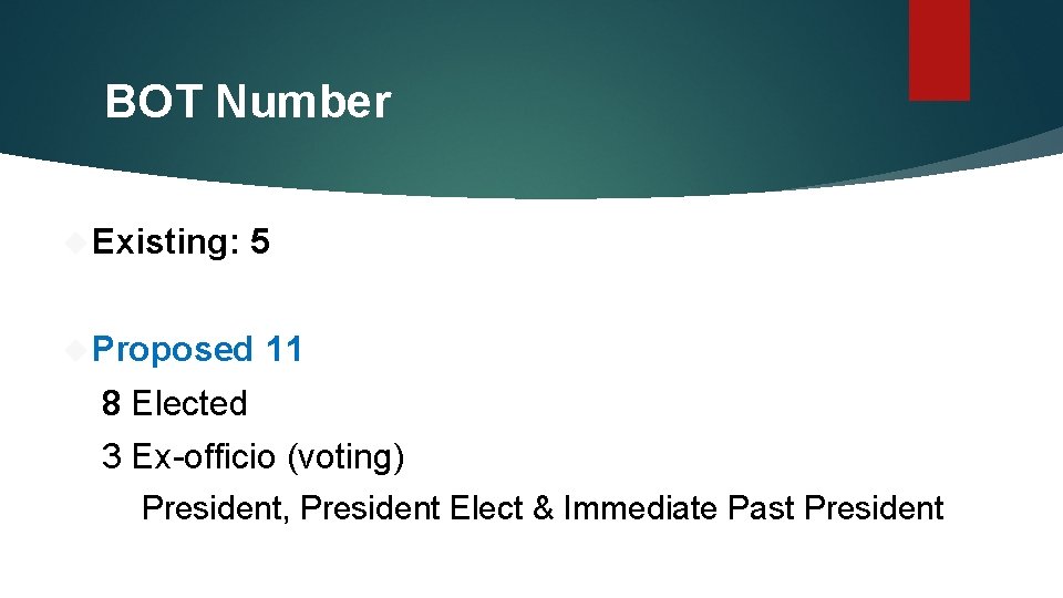 BOT Number Existing: 5 Proposed 11 8 Elected 3 Ex-officio (voting) President, President Elect