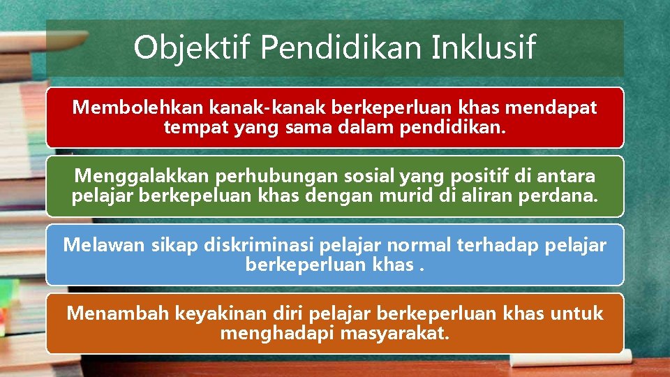 Objektif Pendidikan Inklusif Membolehkan kanak-kanak berkeperluan khas mendapat tempat yang sama dalam pendidikan. Menggalakkan