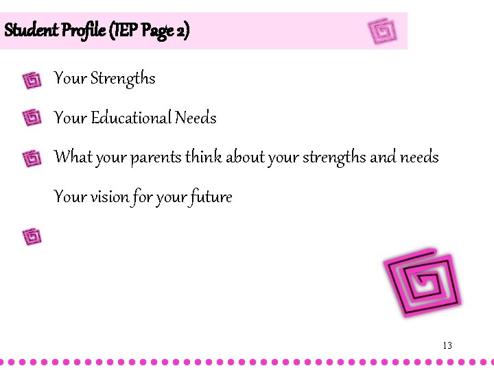 Student Profile (IEP Page 2) Your Strengths Your Educational Needs What your parents think Student Profile (IEP Page 2) Your Strengths Your Educational Needs What your parents think